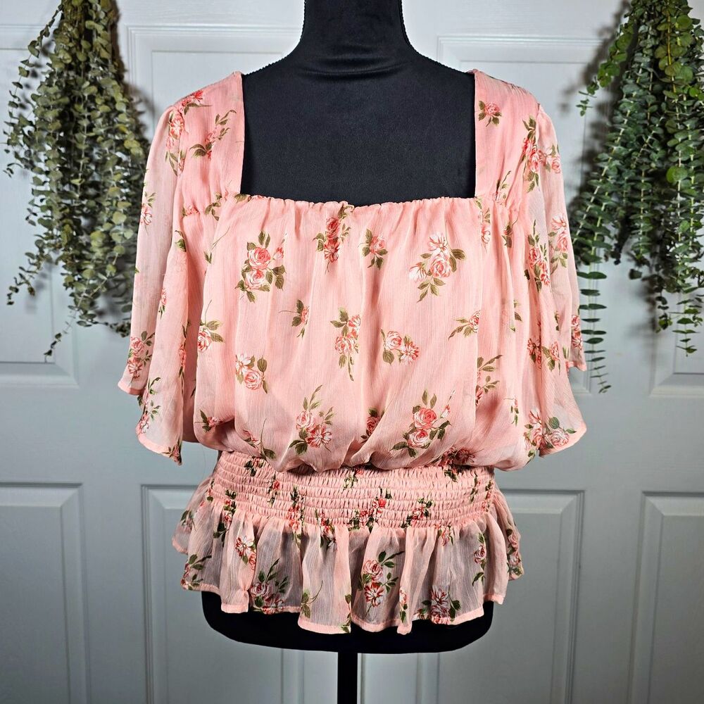 Mixed Threads Pink Floral Chiffon Smocked Ruffle Square Neck Blouse 2X Plus